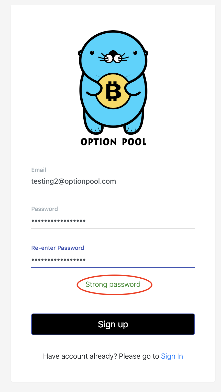 account creation form at Option Pool, with password security highlighted in a red circle
