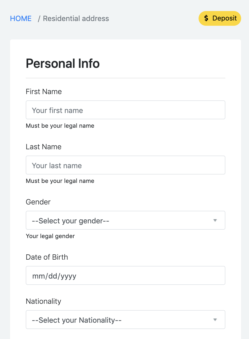 mobile version of KYC data input form at Option Pool