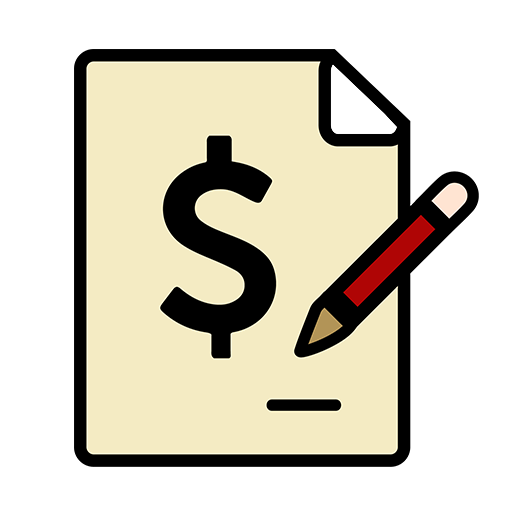 A contract logo icon with a dollar sign on it, along with a pencil and a signature