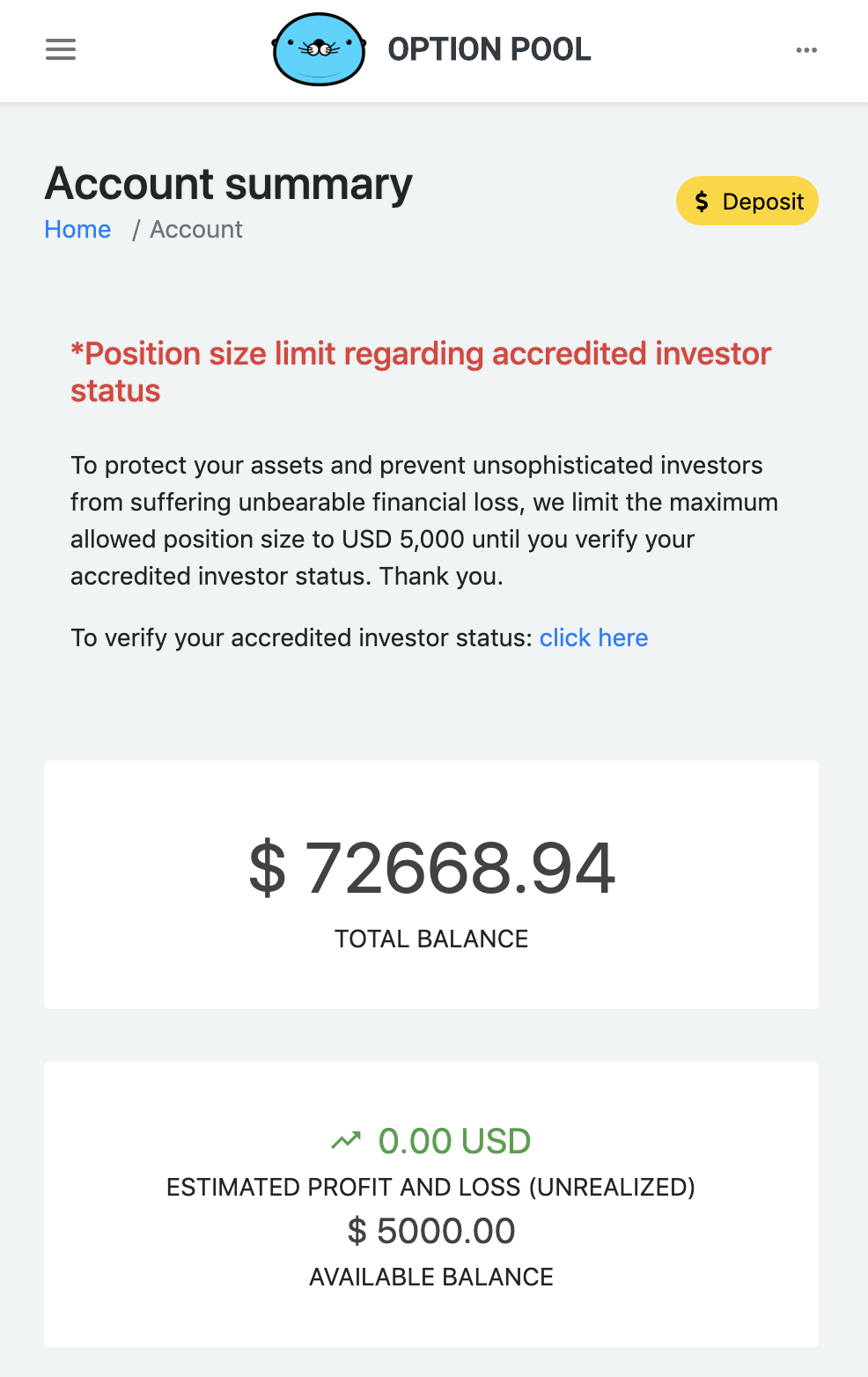 account summary screen of Option Pool in a mobile version