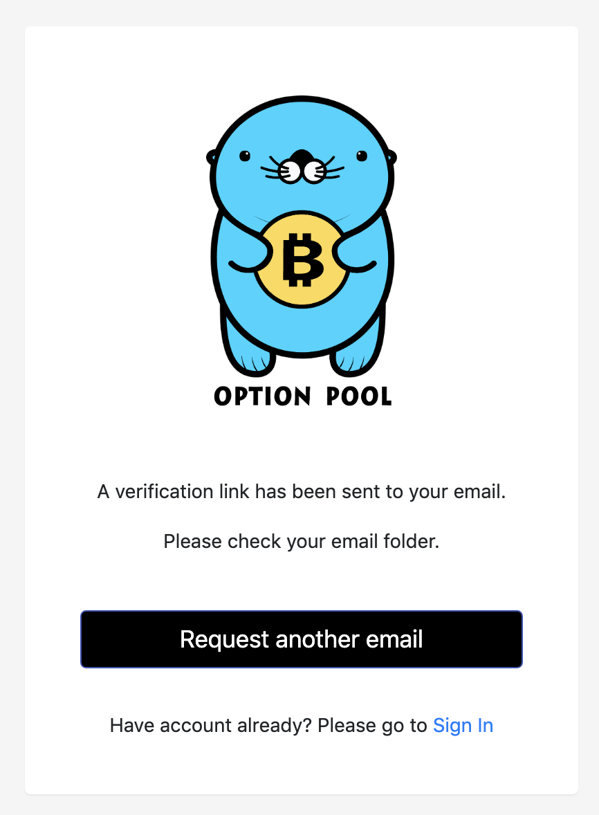 screen showing that the verification request email has been sent to the Option Pool user's email