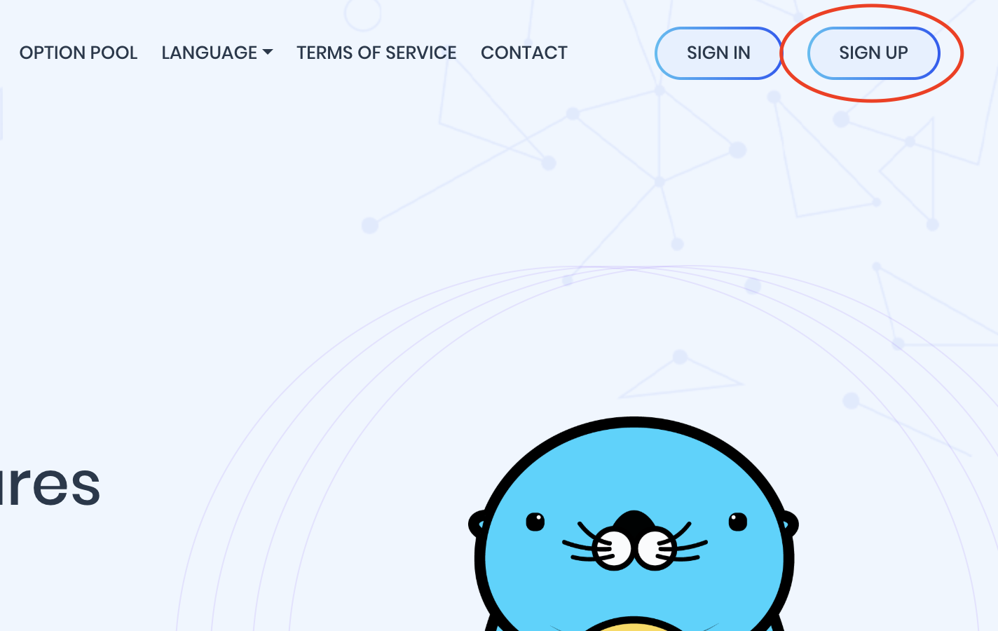 desktop landing page of Option Pool, with sign up button highlighted