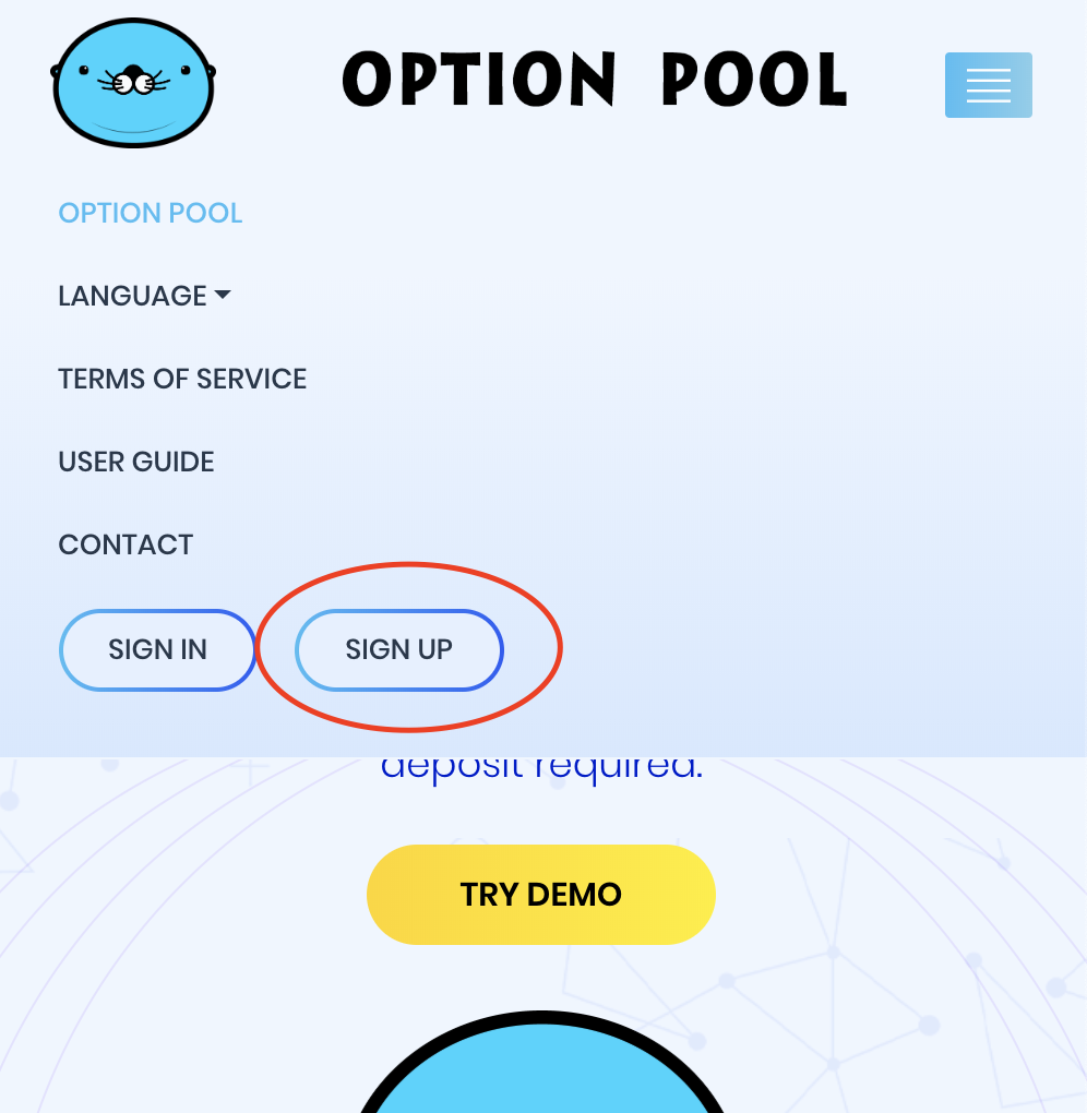 mobile landing page of Option Pool, with sign up button highlighted