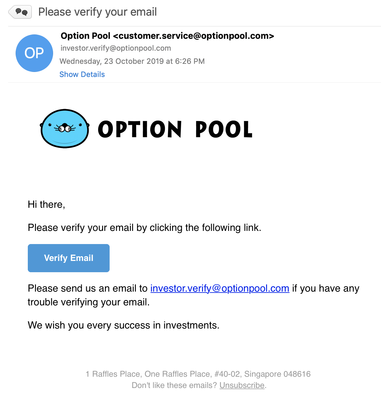 verification request email sent from Option Pool