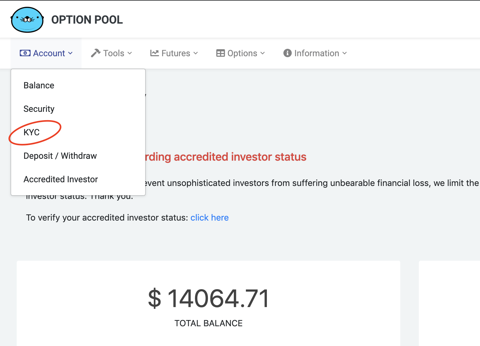 account summary screen at Option Pool, with KYC verification button highlighted with a red circle