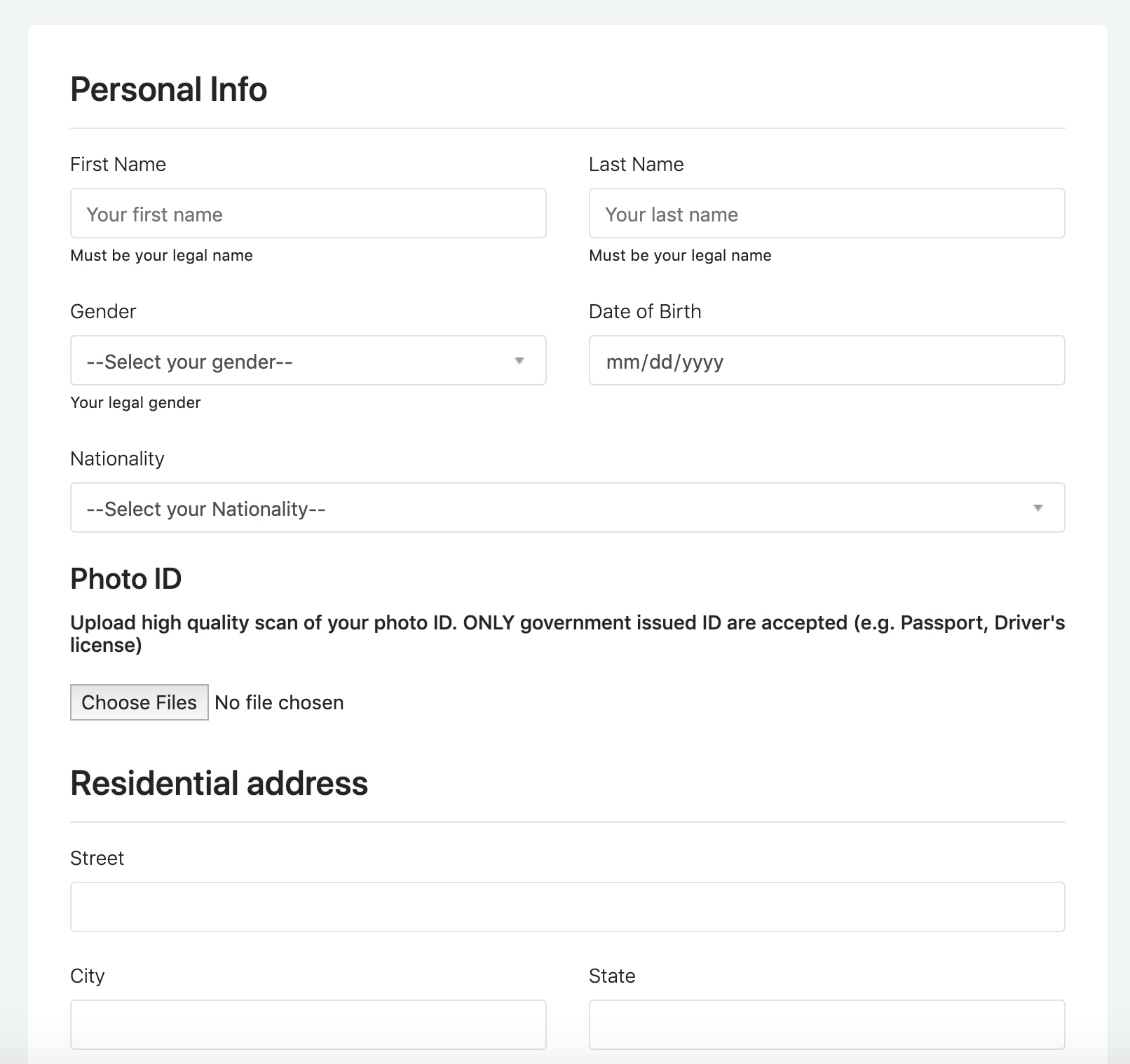 desktop version of KYC data input form at Option Pool