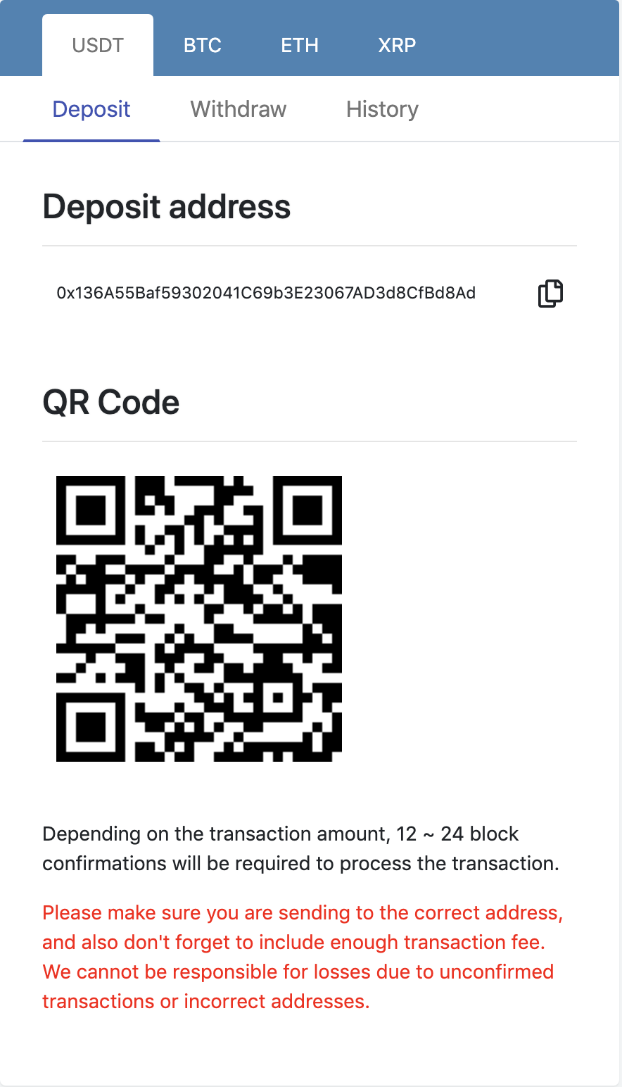 mobile version of webpage that displays Tether(US) USDT deposit at Option Pool