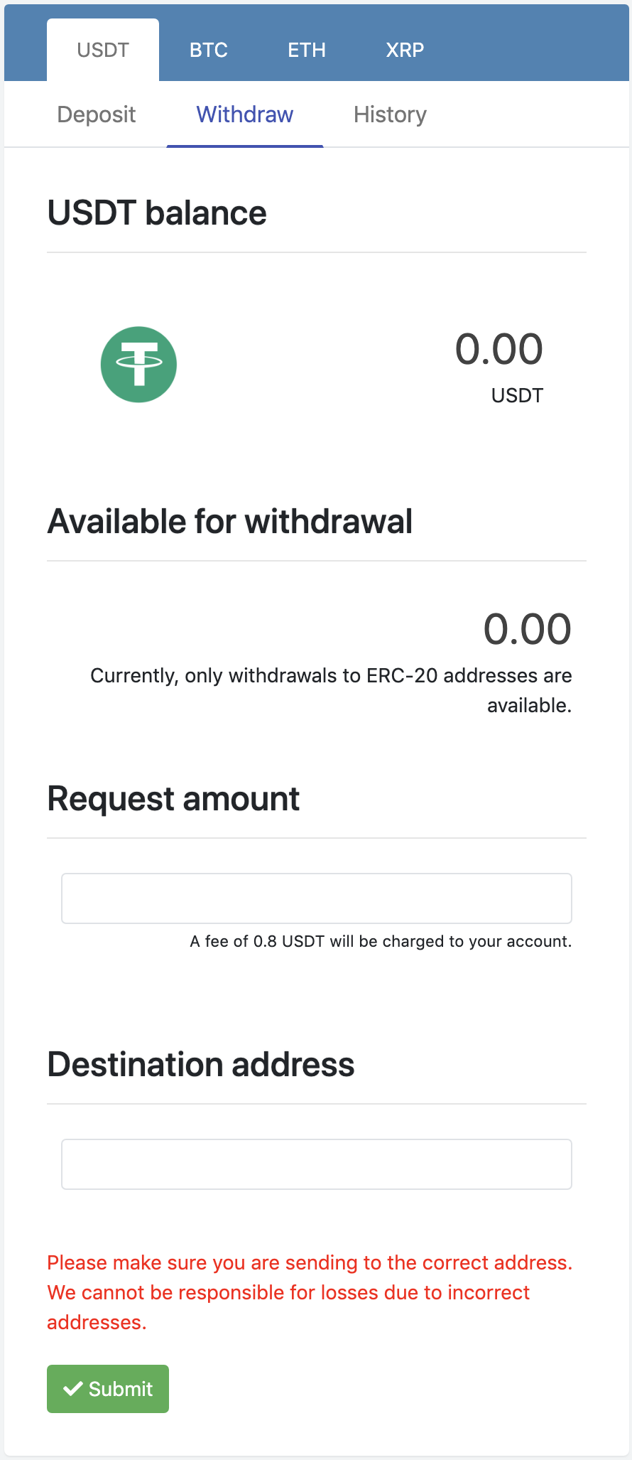 mobile version of webpage that displays Tether(US) USDT withdrawal at Option Pool