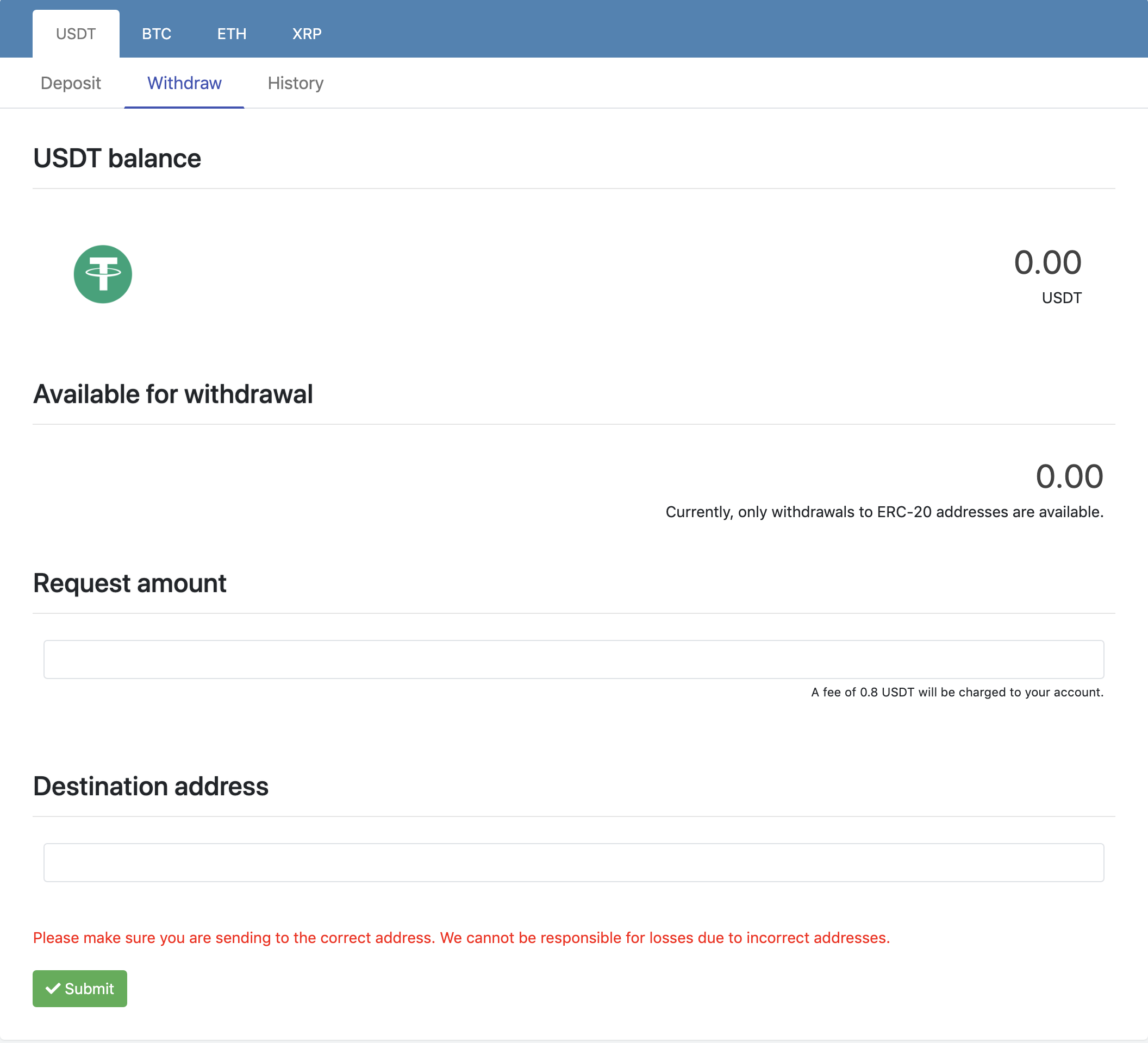 desktop version of webpage that displays Tether(US) USDT withdrawal at Option Pool