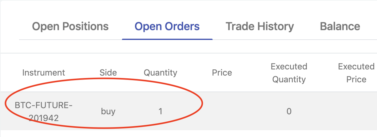 panel that displays open orders of the Bitcoin futures and options traders at Option Pool